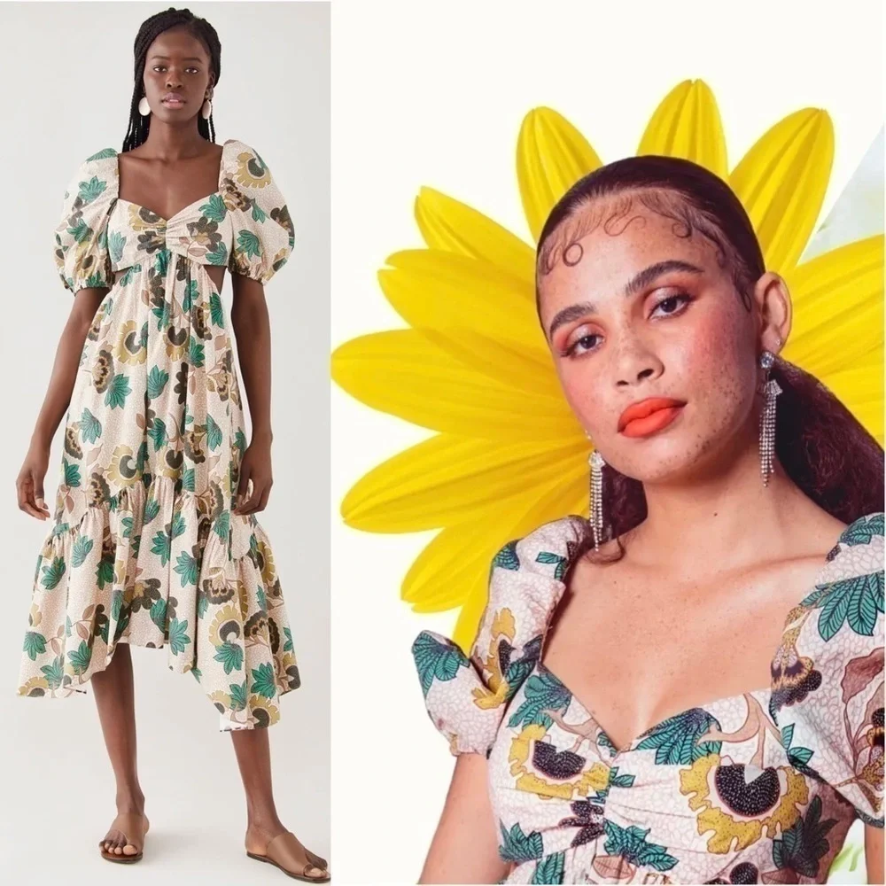 AUTUMN ADEIGBO Floral Print Puff Short Sleeve Cutout Tiered Ruffle Midi Dress 16